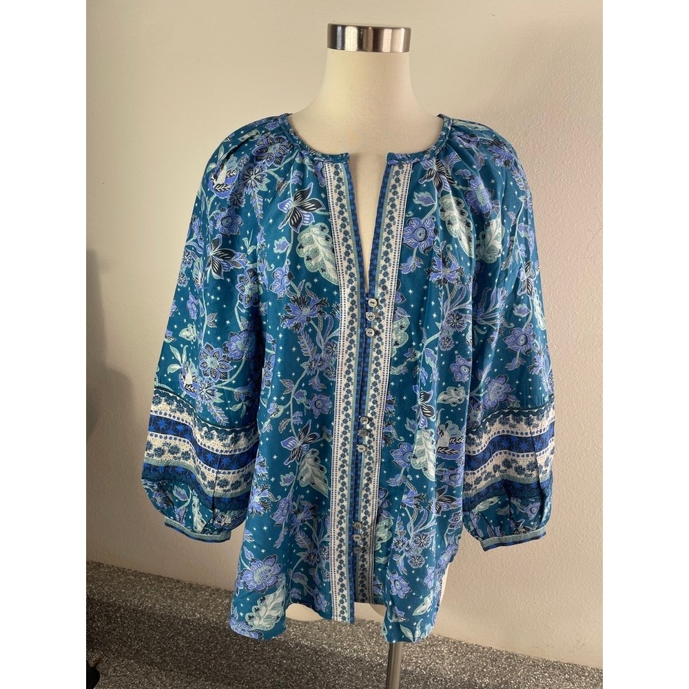 NEW Sundance Womens Large Blue Floral Cotton Silk Blouse Long‎ Sleeve Boho